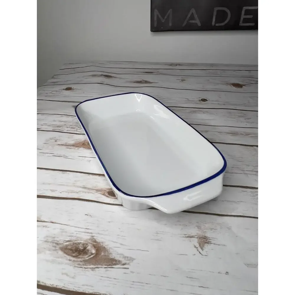 White Ceramic Baking Dish with Blue Rim 13